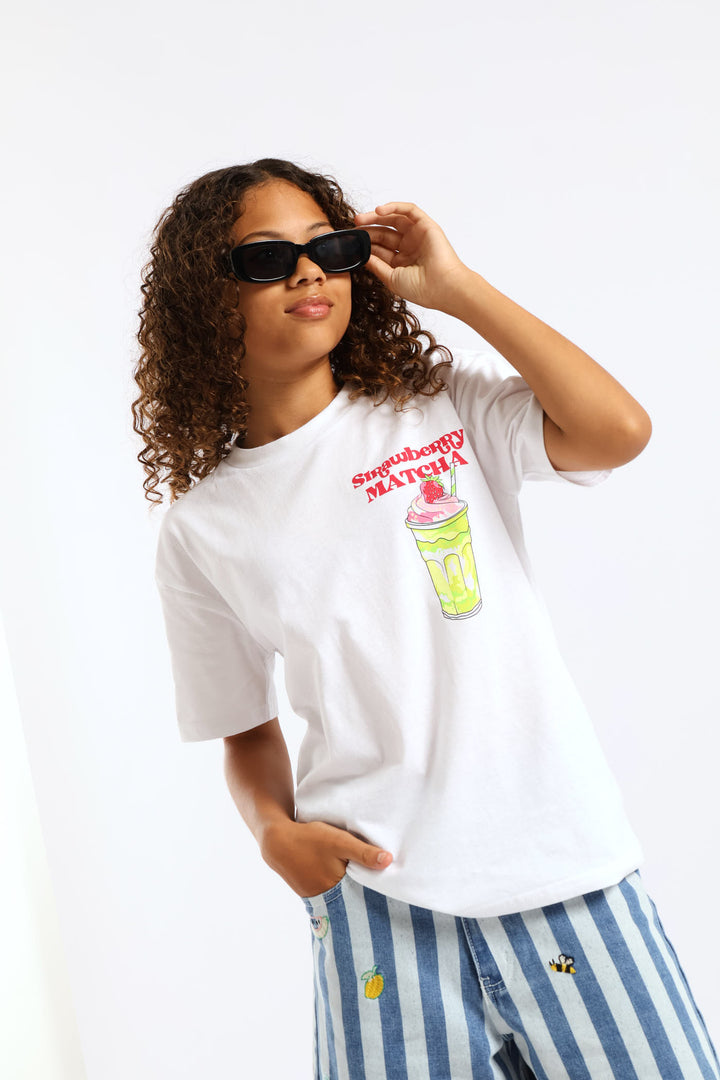 Girls Strawberry Matcha Oversized Tee - White