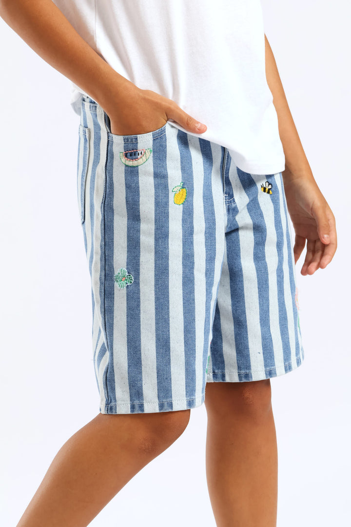 Girls Tooty Fruity Embroidered Stripe Shorts - Multi