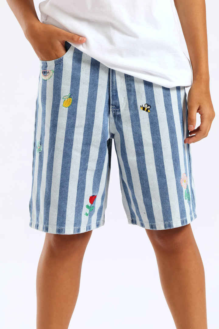Girls Tooty Fruity Embroidered Stripe Shorts - Multi