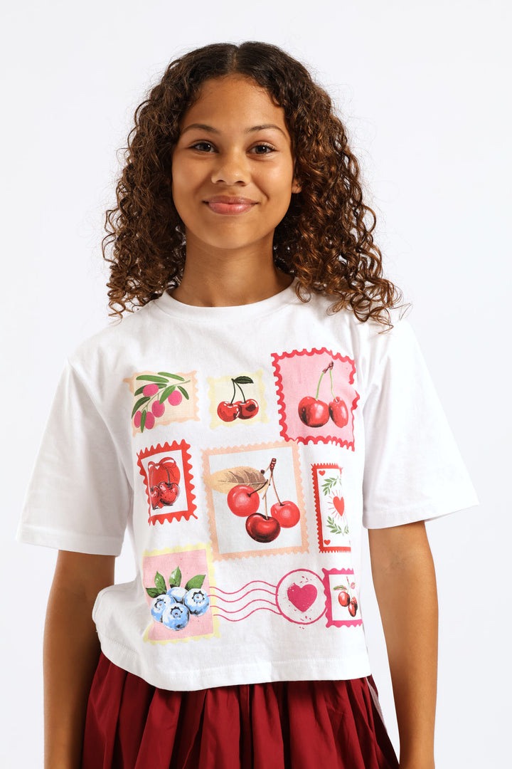 Girls Cherry Stamp Tee - White