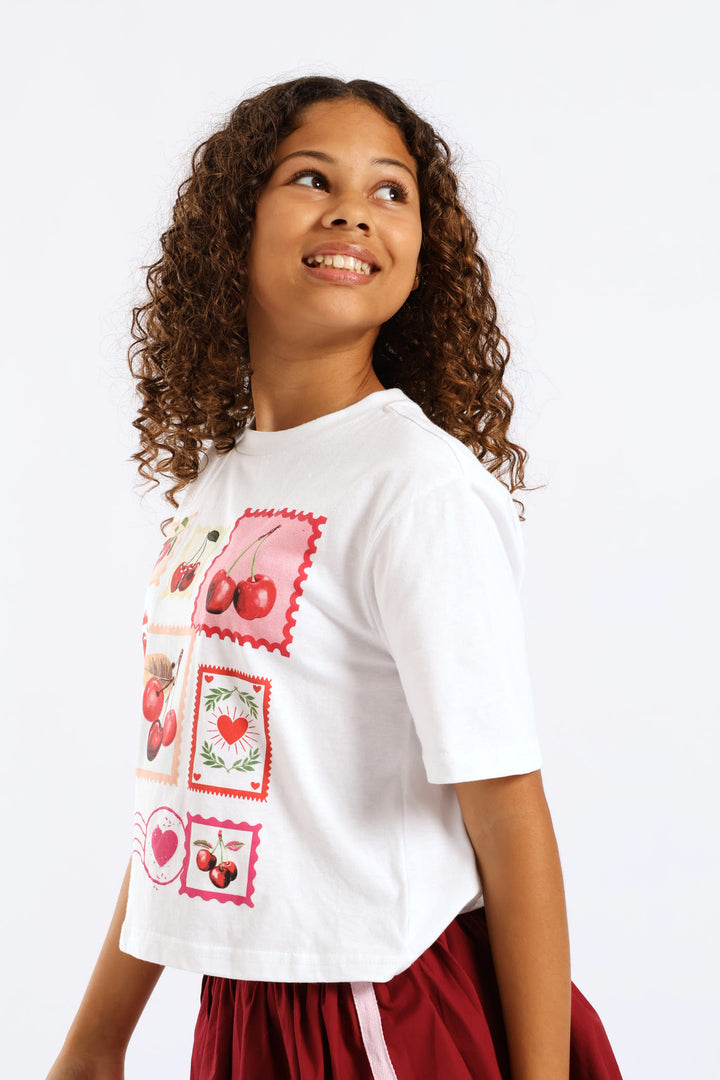 Girls Cherry Stamp Tee - White