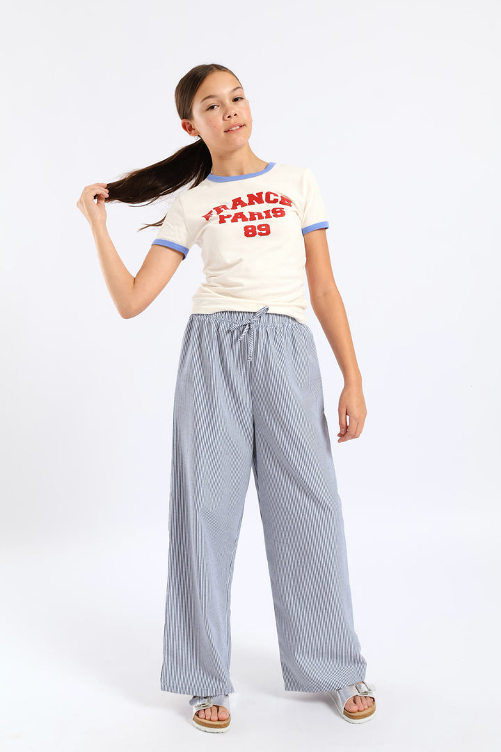 Girls Stripe Linen Pants - Navy/White
