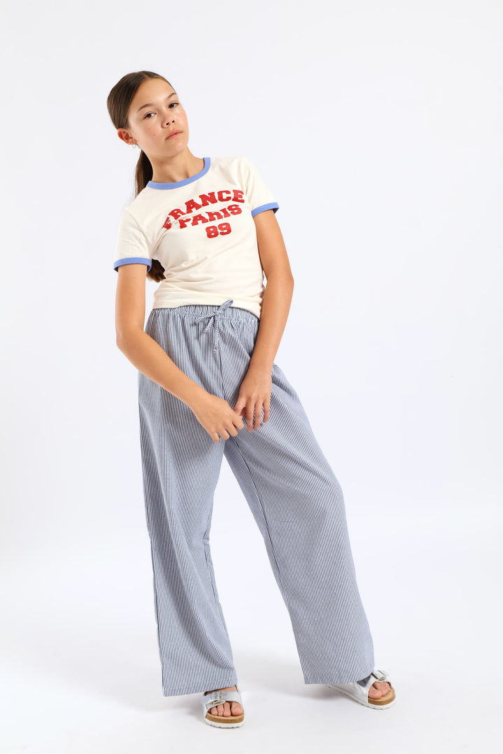 Girls Bind Contrast Ringer Tee - Cream/Blue