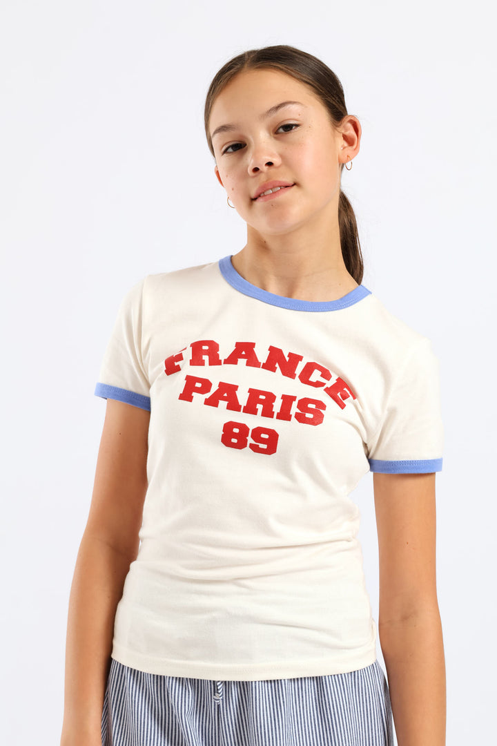 Girls Bind Contrast Ringer Tee - Cream/Blue