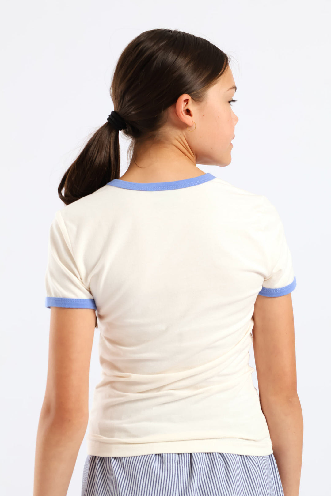 Girls Bind Contrast Ringer Tee - Cream/Blue