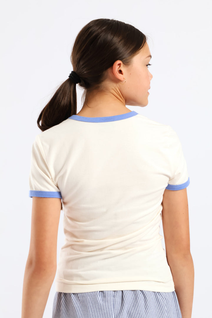 Girls Bind Contrast Ringer Tee - Cream/Blue