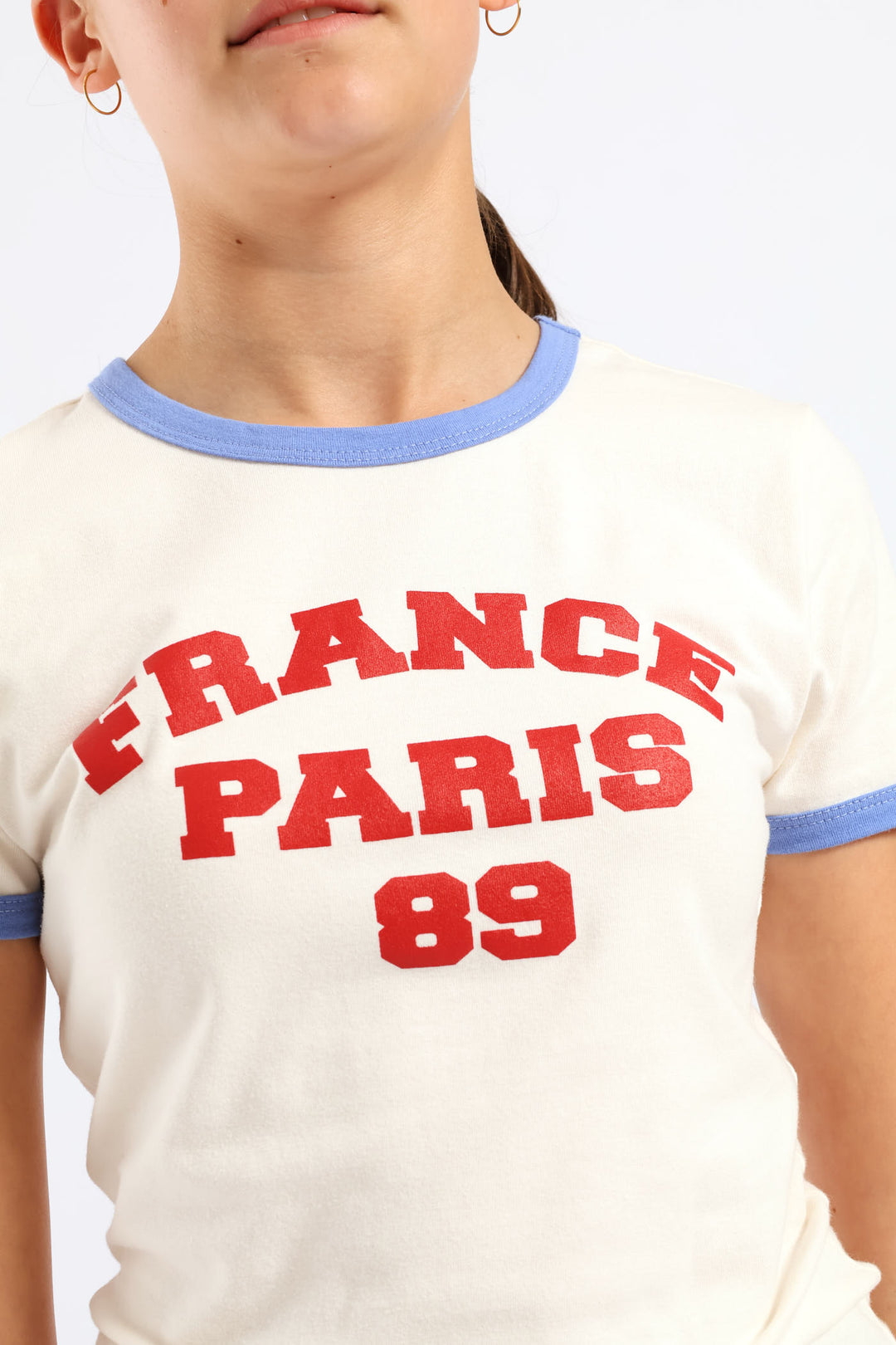 Girls Bind Contrast Ringer Tee - Cream/Blue