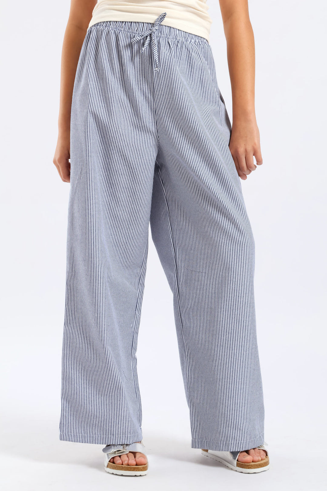 Girls Stripe Linen Pants - Navy/White