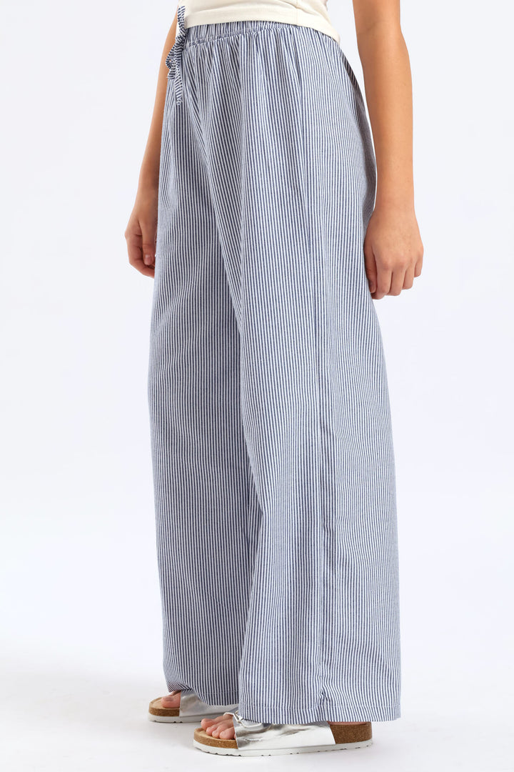 Girls Stripe Linen Pants - Navy/White