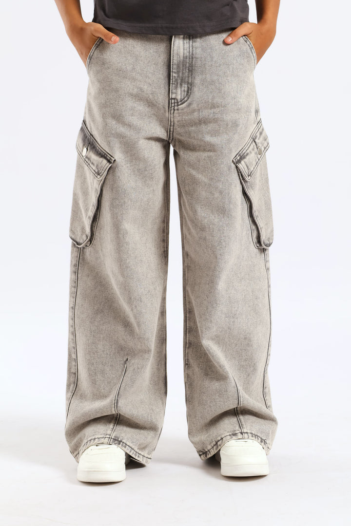 Girls Bellow Pocket Cargo Cropped Jean - Grey