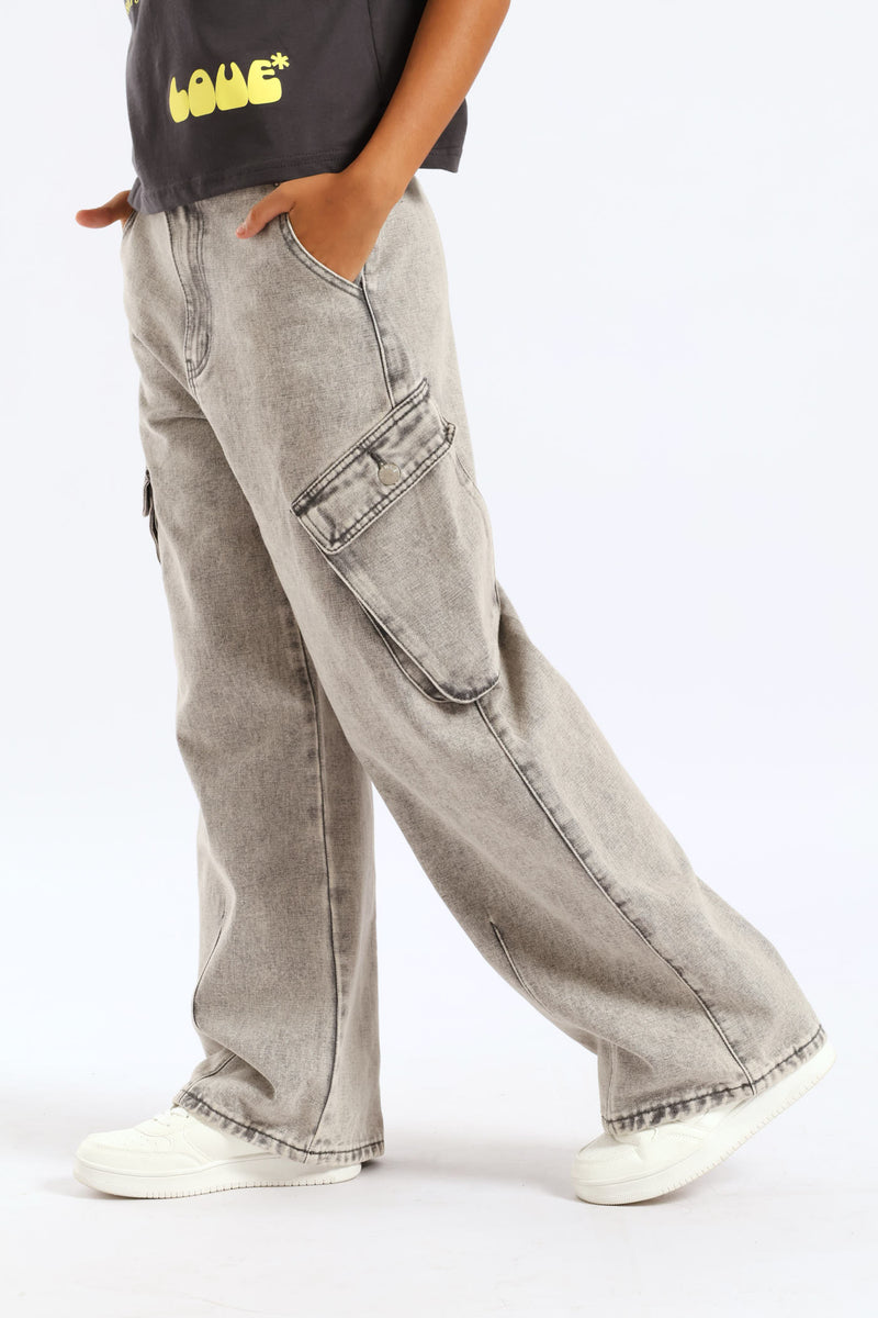 Girls Bellow Pocket Cargo Cropped Jean - Grey