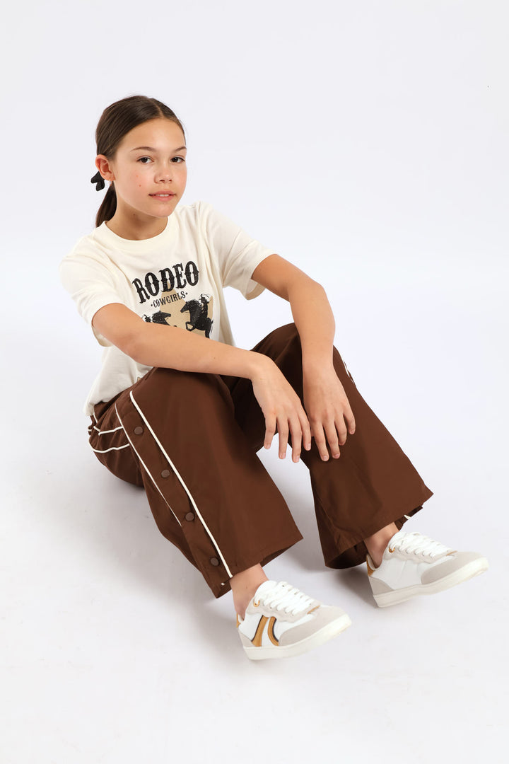Girls Contrast Piping Side Poppers Parachute Pants - Brown