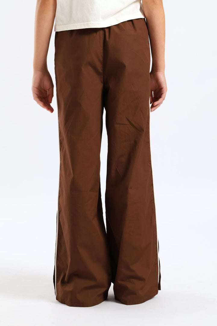 Girls Contrast Piping Side Poppers Parachute Pants - Brown