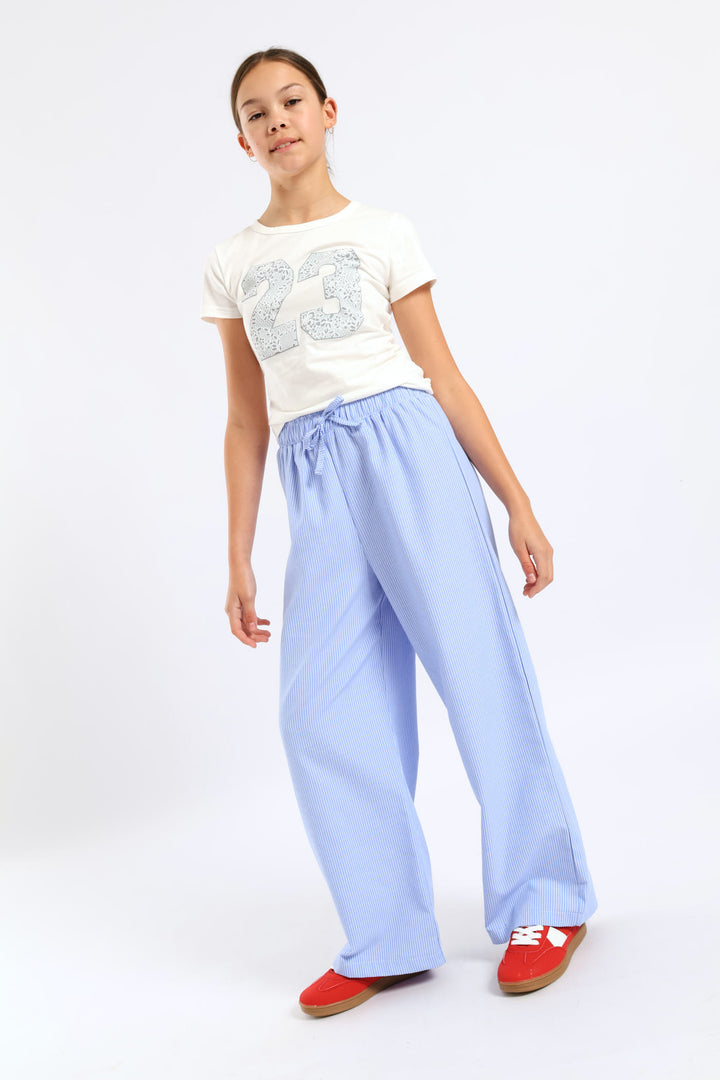 Girls Stripe Linen Pants - Blue