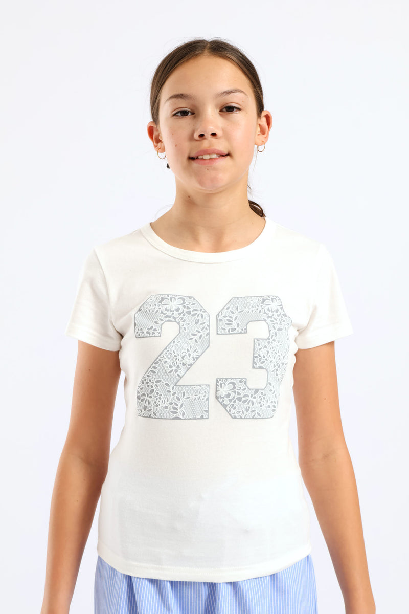 Girls Lace Print Fitted Tee - Cream