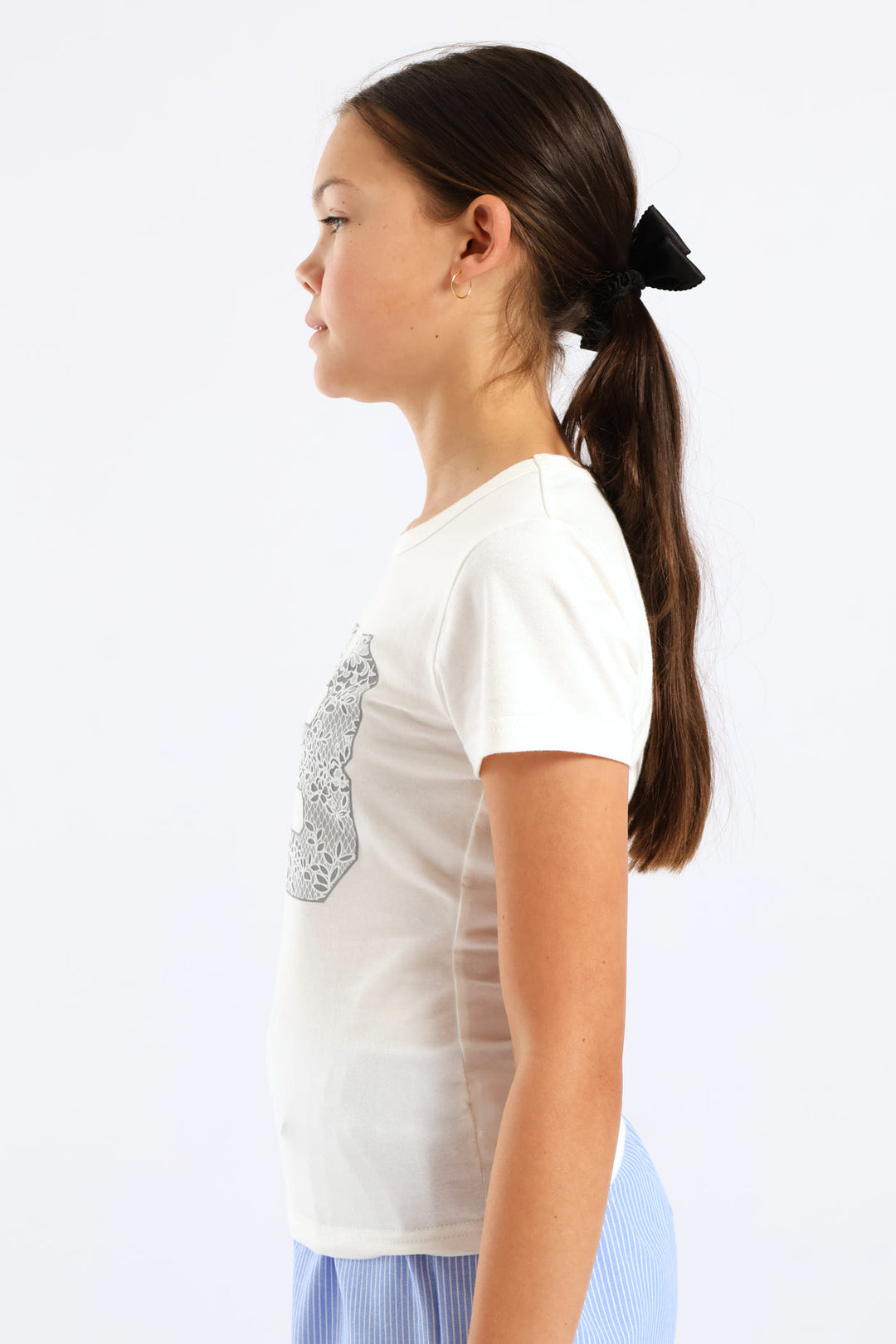 Girls Lace Print Fitted Tee - Cream