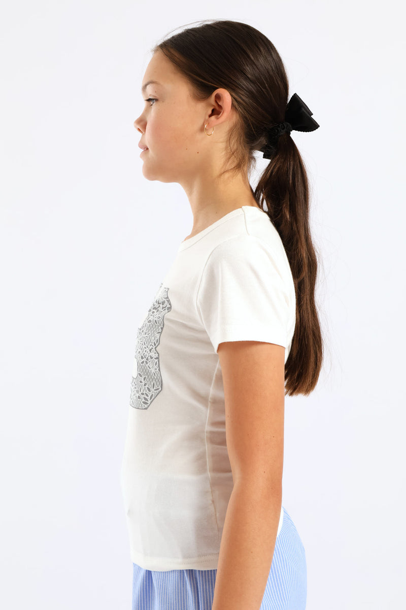 Girls Lace Print Fitted Tee - Cream