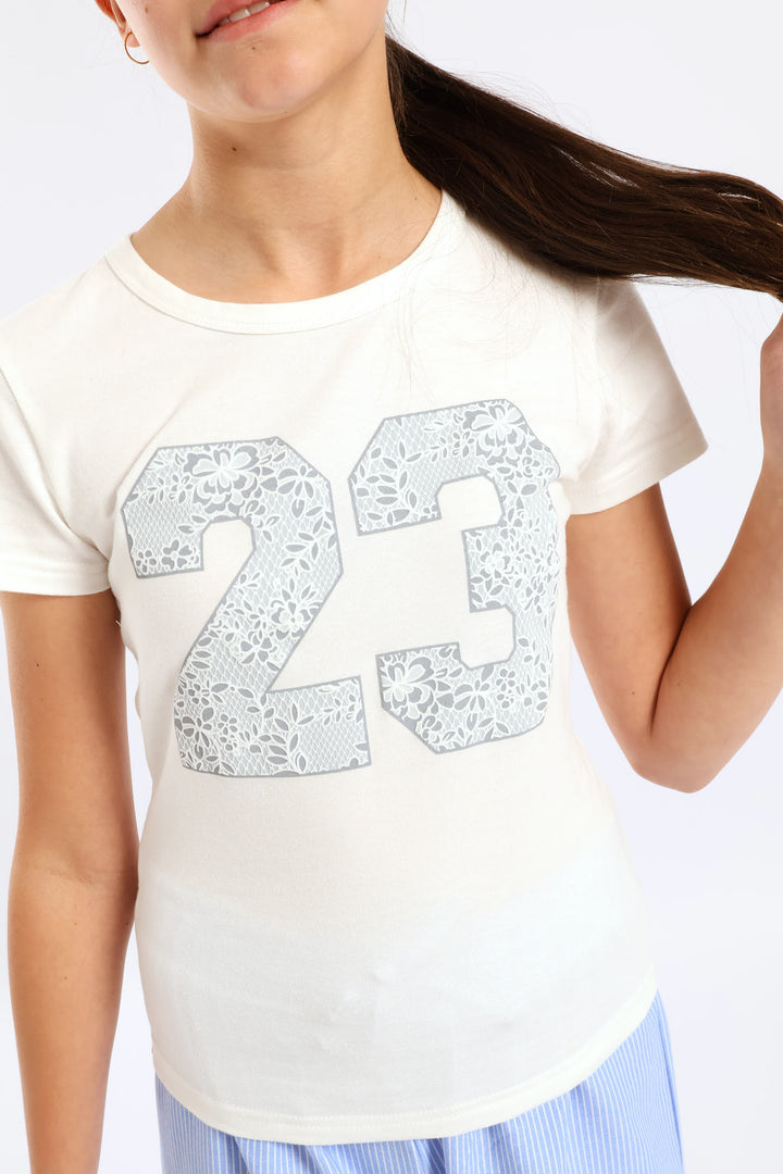Girls Lace Print Fitted Tee - Cream