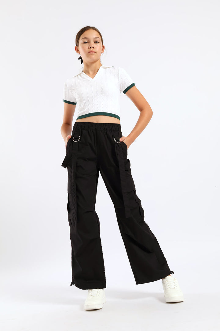 Girls Cargo Parachute Pants - Black