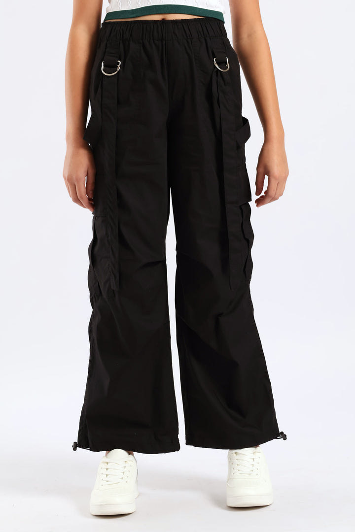 Girls Cargo Parachute Pants - Black