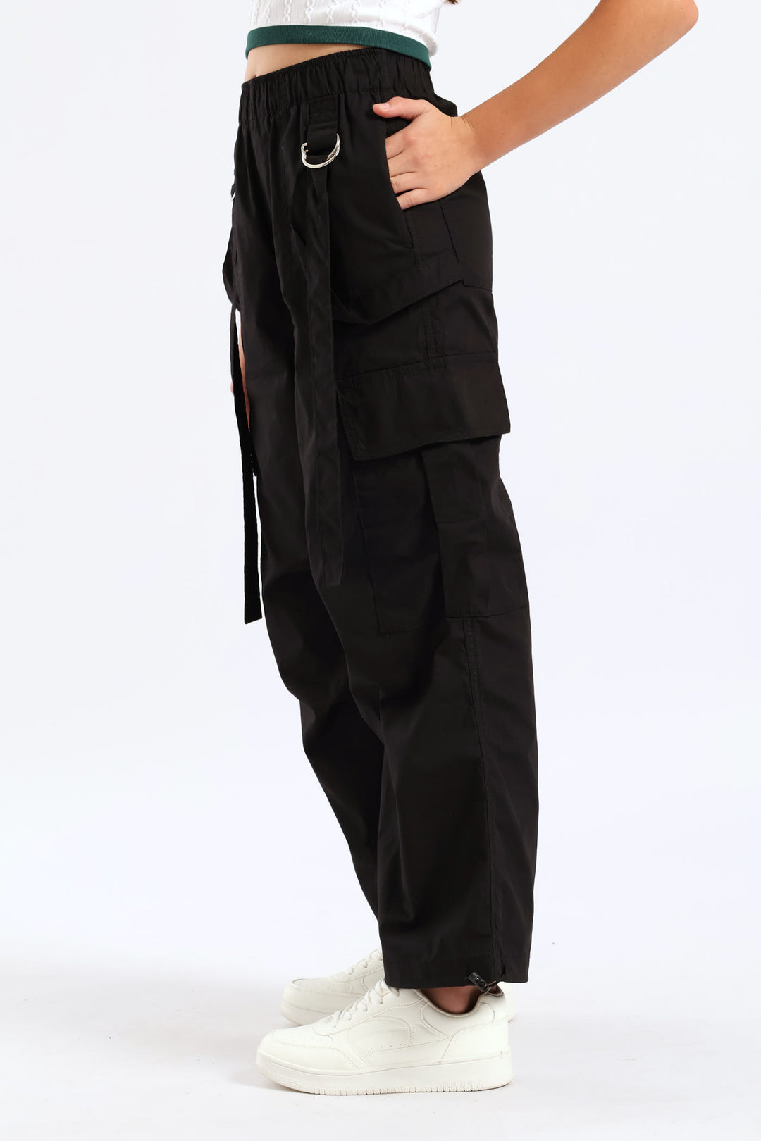 Girls Cargo Parachute Pants - Black