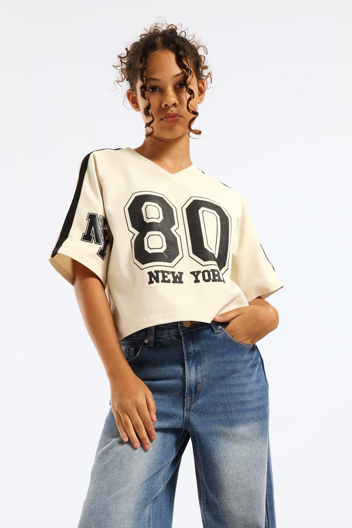 Girls New York Oversized Dropped Shoulder Crop Tee - Cream/Black