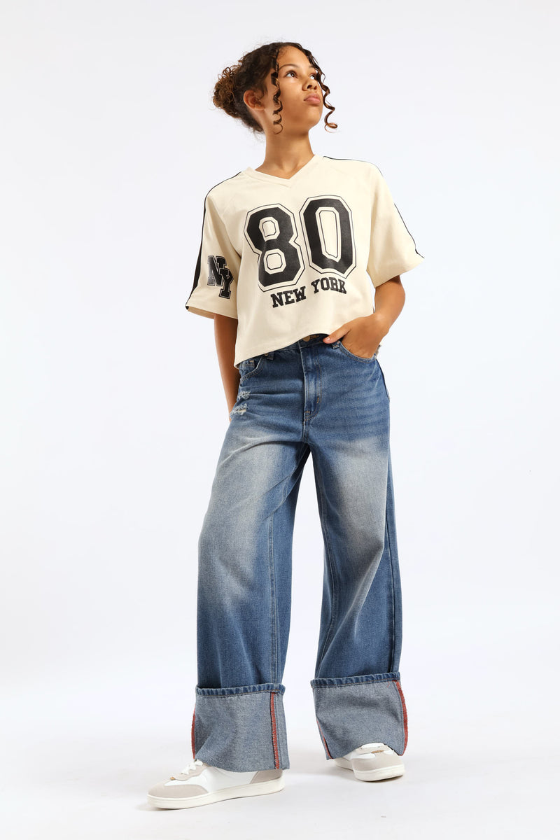 Girls Rip & Repair Turn Up Wide Leg Denim - Mid Blue