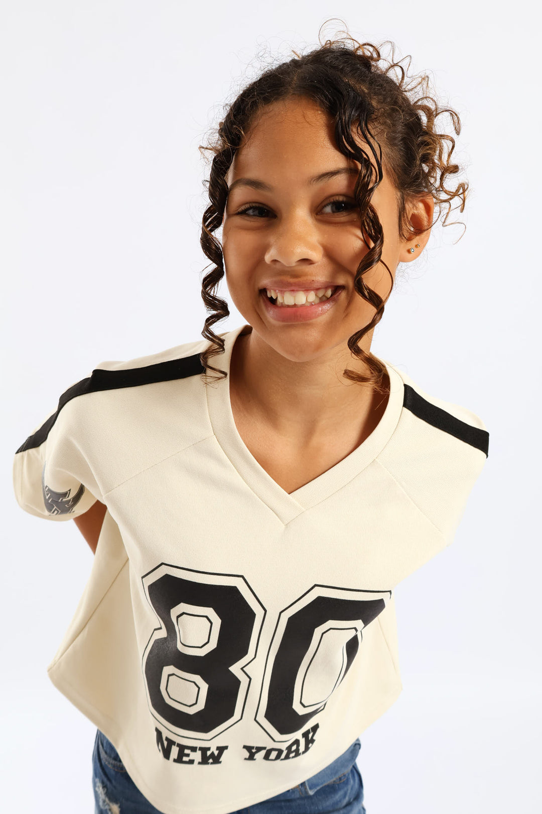 Girls New York Oversized Dropped Shoulder Crop Tee - Cream/Black