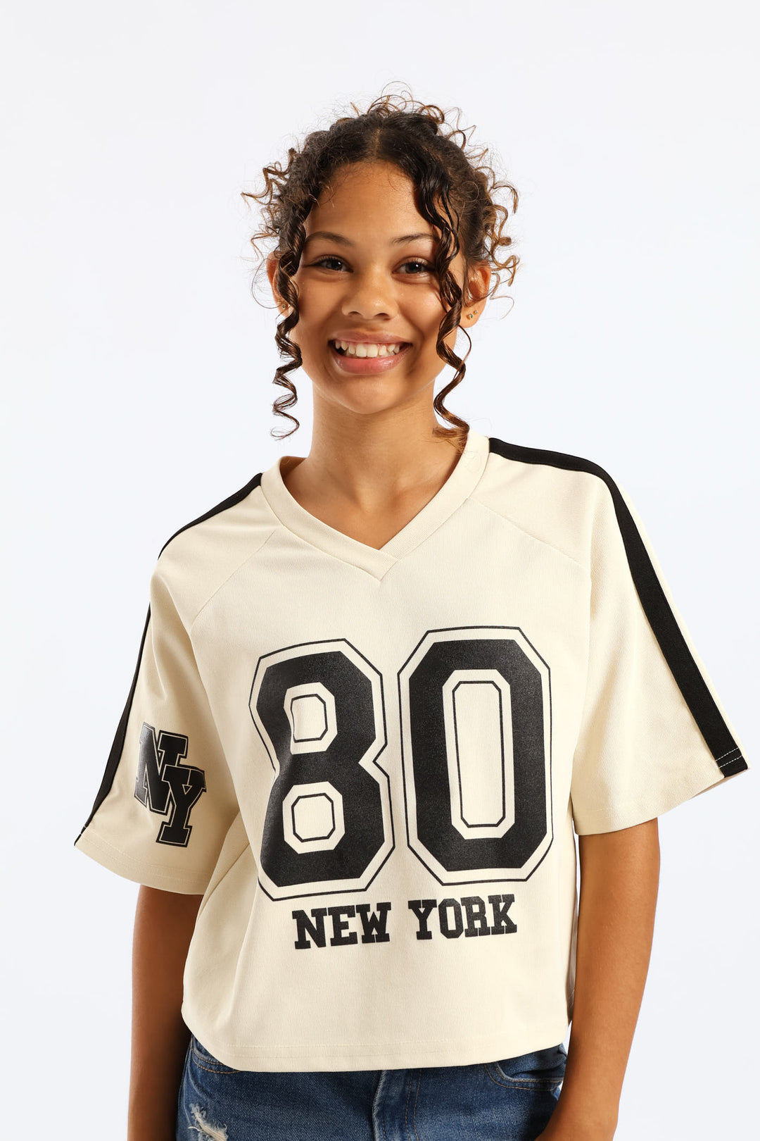 Girls New York Oversized Dropped Shoulder Crop Tee - Cream/Black