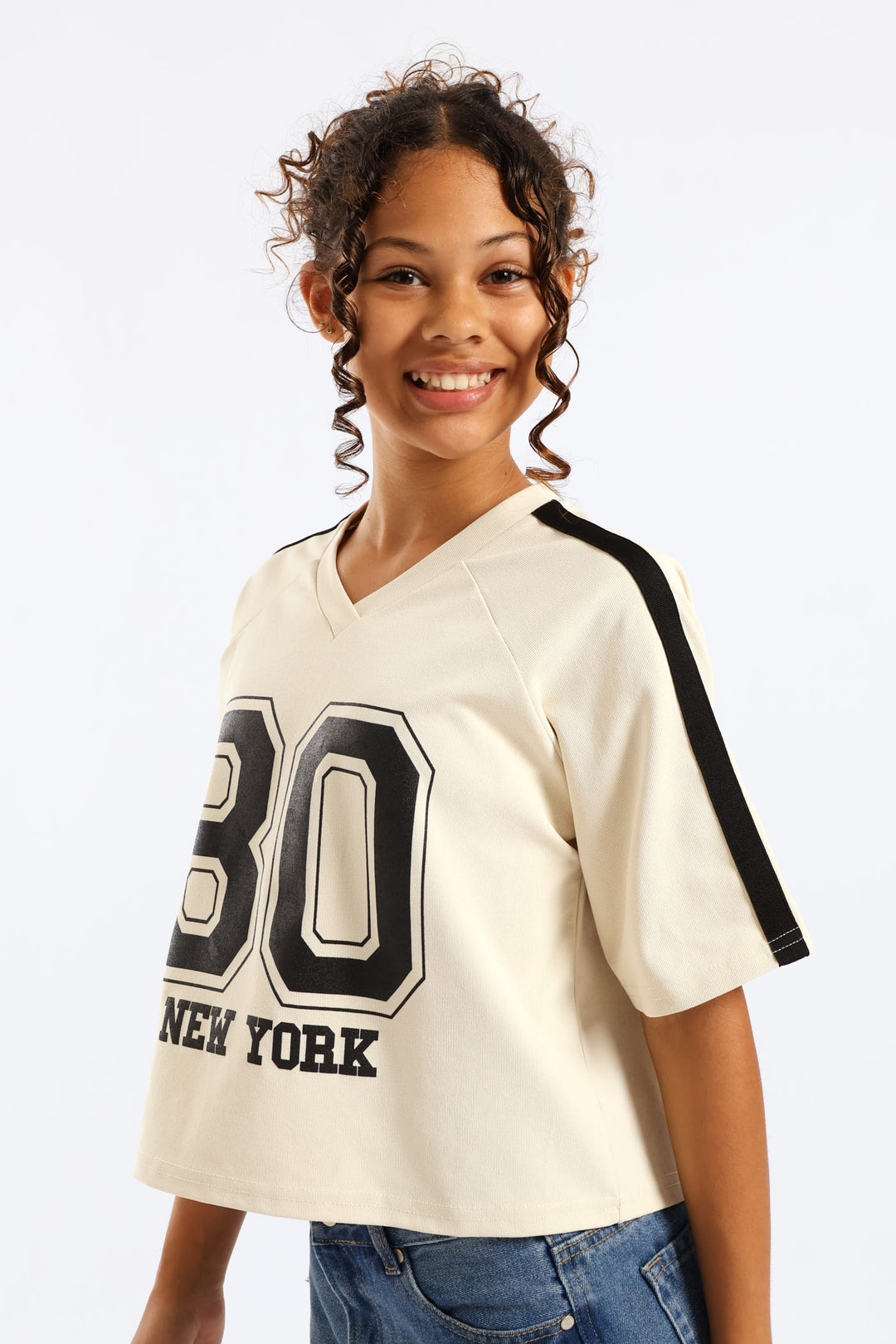 Girls New York Oversized Dropped Shoulder Crop Tee - Cream/Black