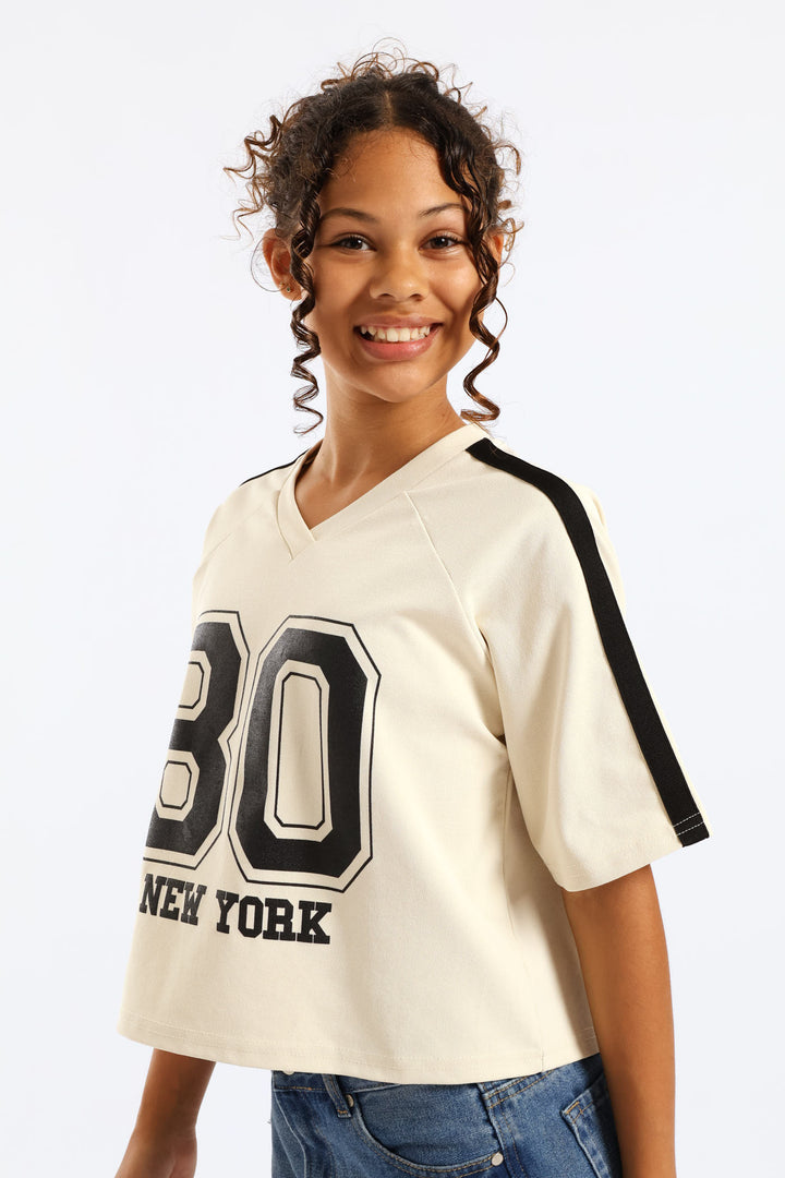 Girls New York Oversized Dropped Shoulder Crop Tee - Cream/Black