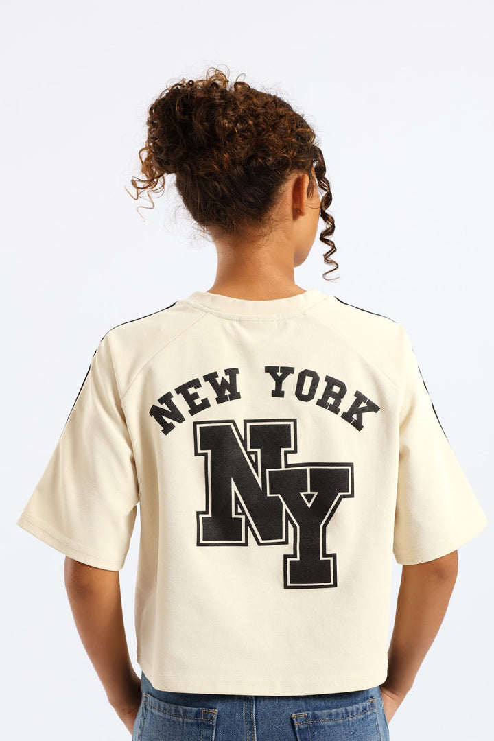 Girls New York Oversized Dropped Shoulder Crop Tee - Cream/Black