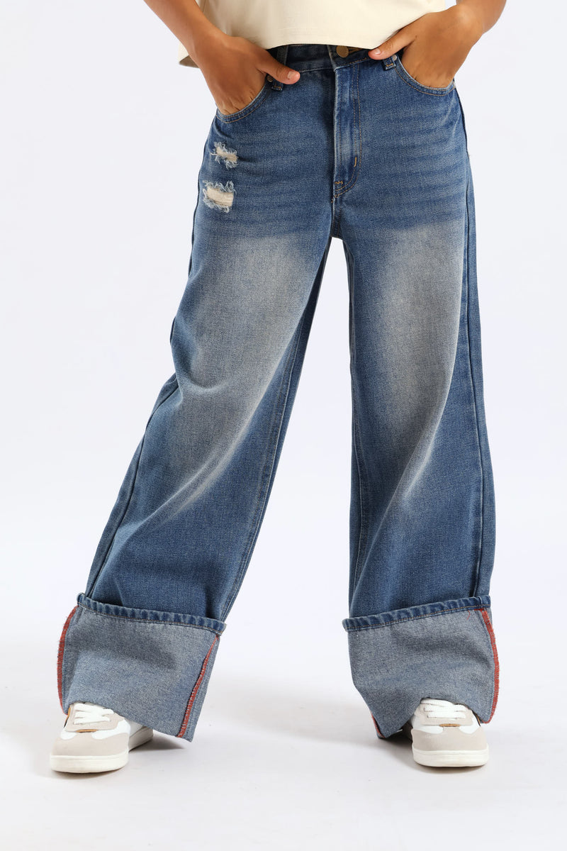 Girls Rip & Repair Turn Up Wide Leg Denim - Mid Blue