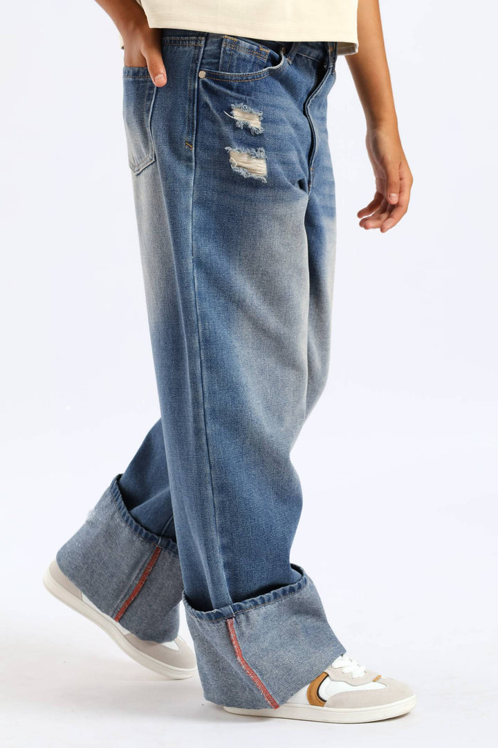 Girls Rip & Repair Turn Up Wide Leg Denim - Mid Blue