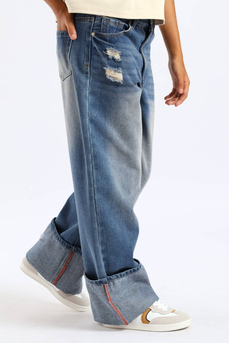 Girls Rip & Repair Turn Up Wide Leg Denim - Mid Blue