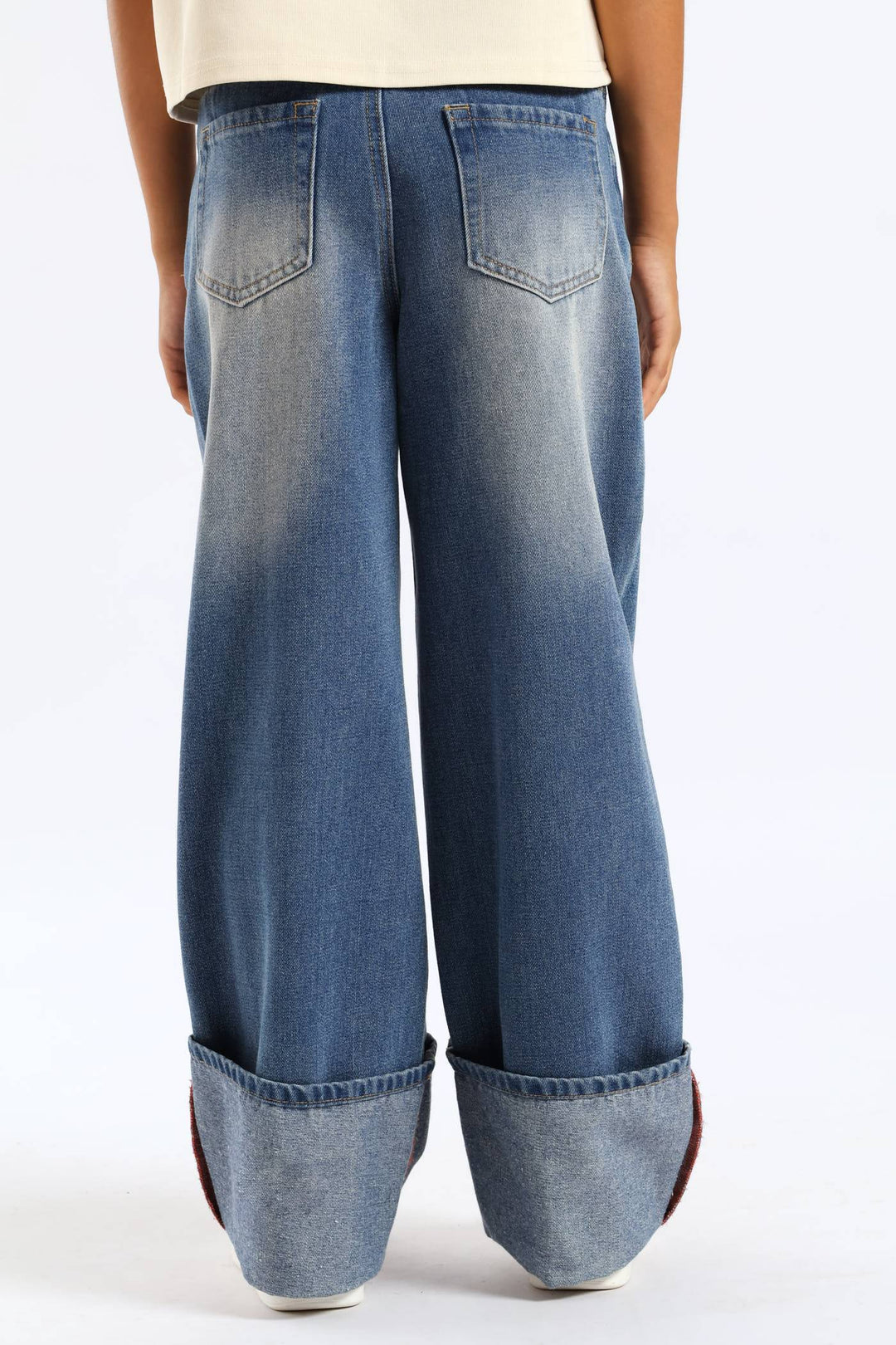 Girls Rip & Repair Turn Up Wide Leg Denim - Mid Blue