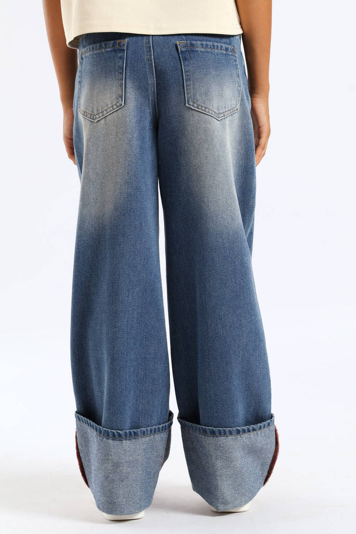 Girls Rip & Repair Turn Up Wide Leg Denim - Mid Blue