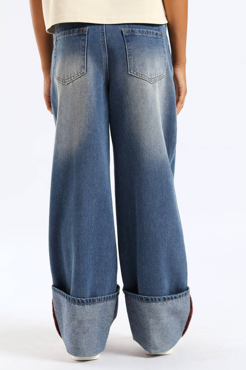 Girls Rip & Repair Turn Up Wide Leg Denim - Mid Blue