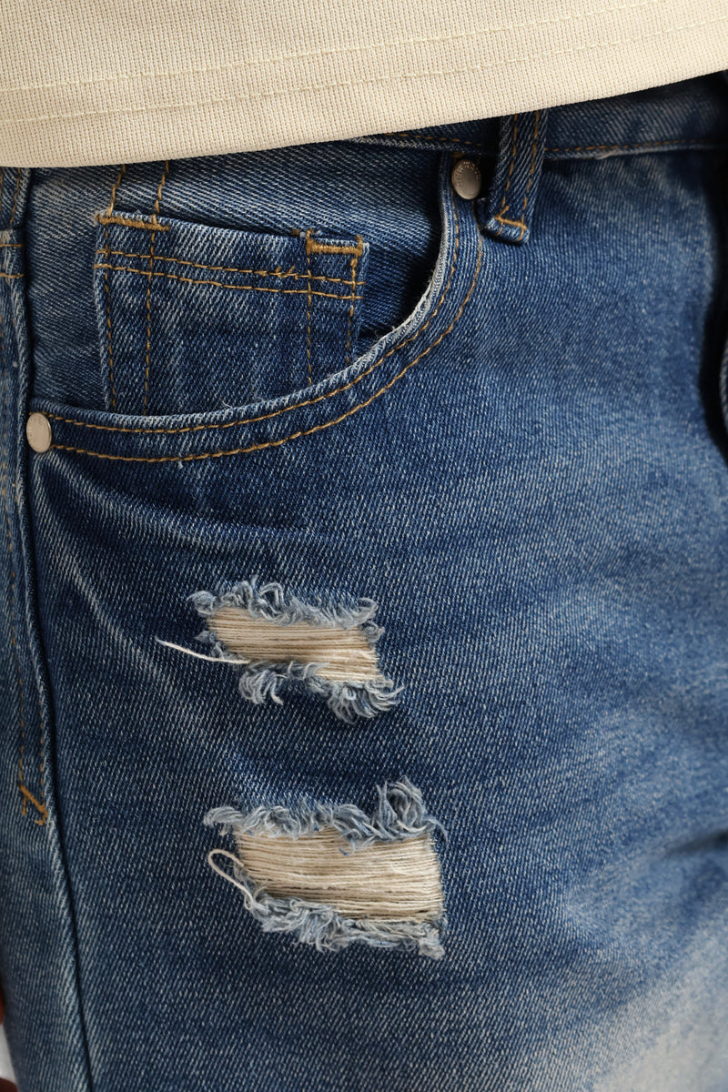 Girls Rip & Repair Turn Up Wide Leg Denim - Mid Blue