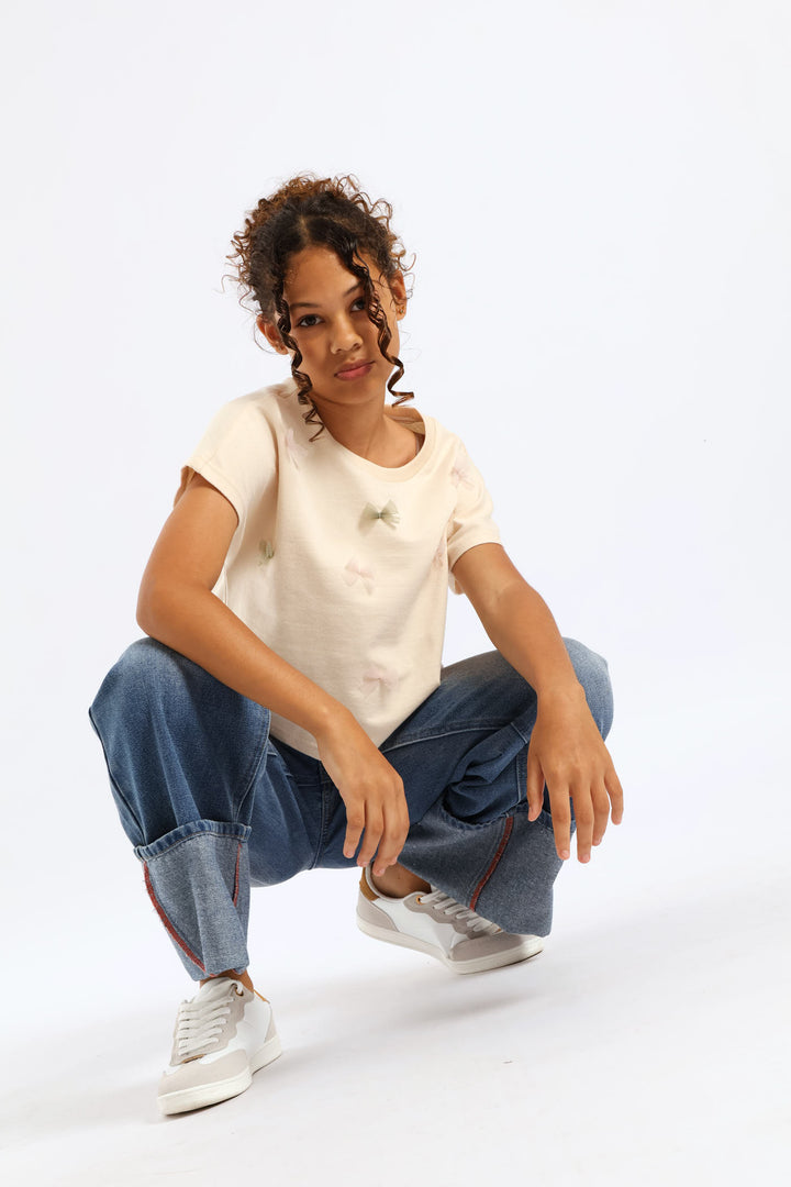 Girls Unbrushed Fleece Oversized Cropped Bow Tee - Light Yellow