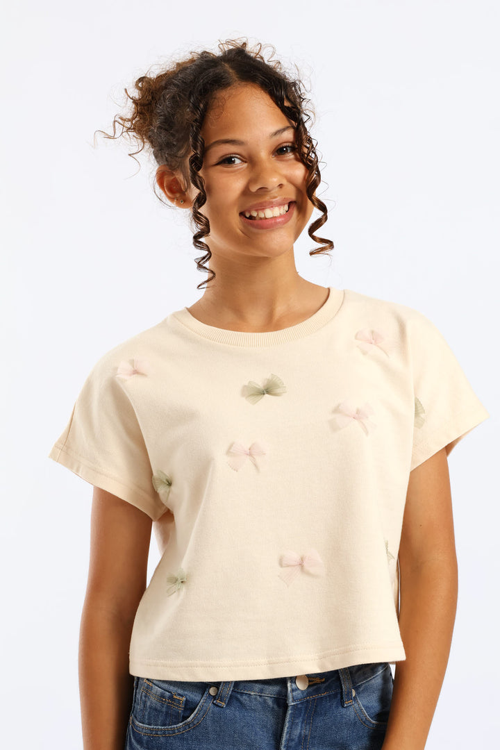 Girls Unbrushed Fleece Oversized Cropped Bow Tee - Light Yellow