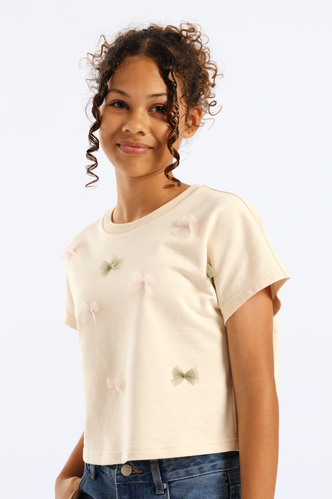 Girls Unbrushed Fleece Oversized Cropped Bow Tee - Light Yellow