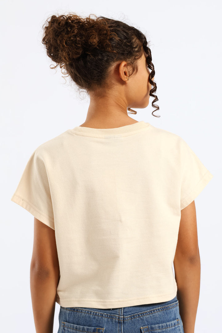 Girls Unbrushed Fleece Oversized Cropped Bow Tee - Light Yellow