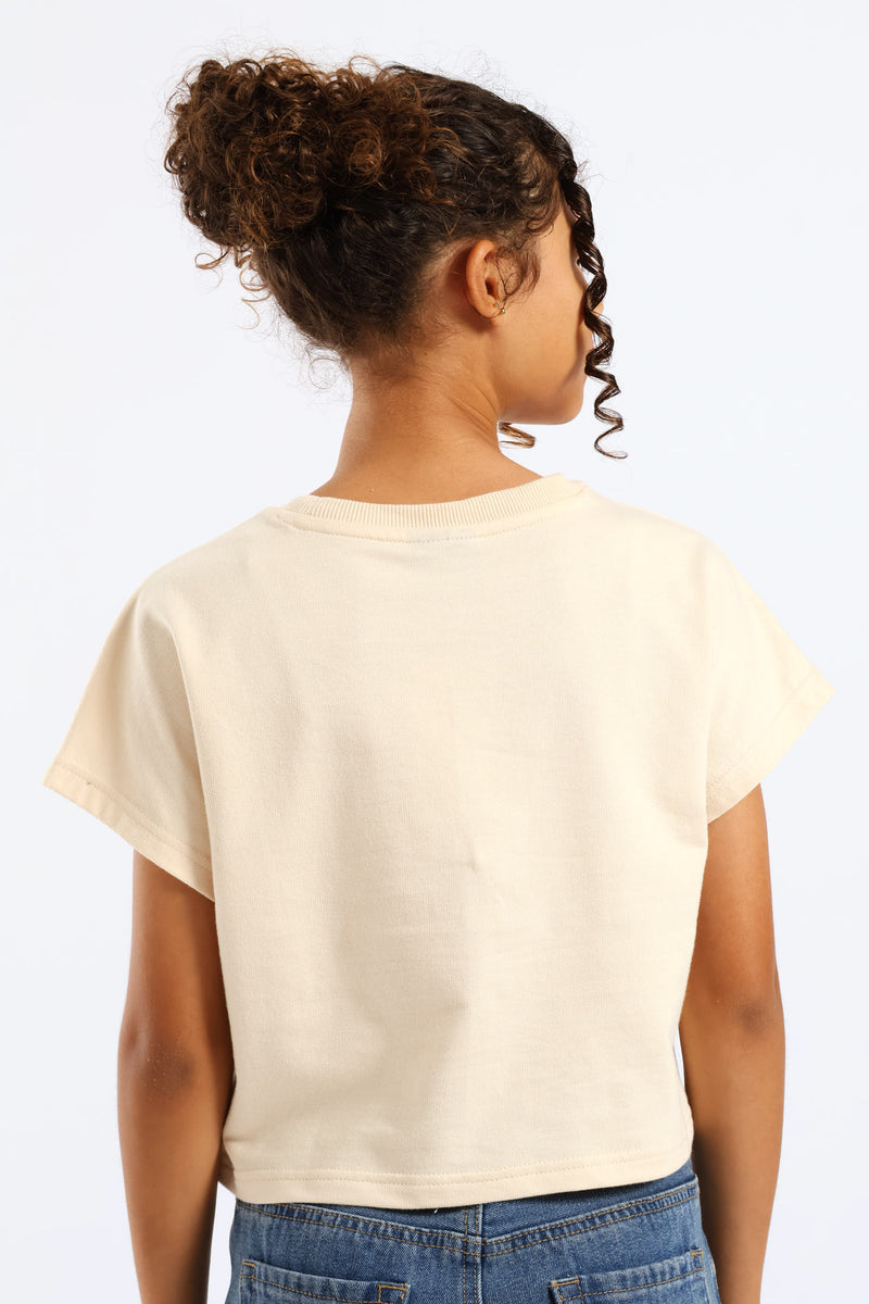 Girls Unbrushed Fleece Oversized Cropped Bow Tee - Light Yellow