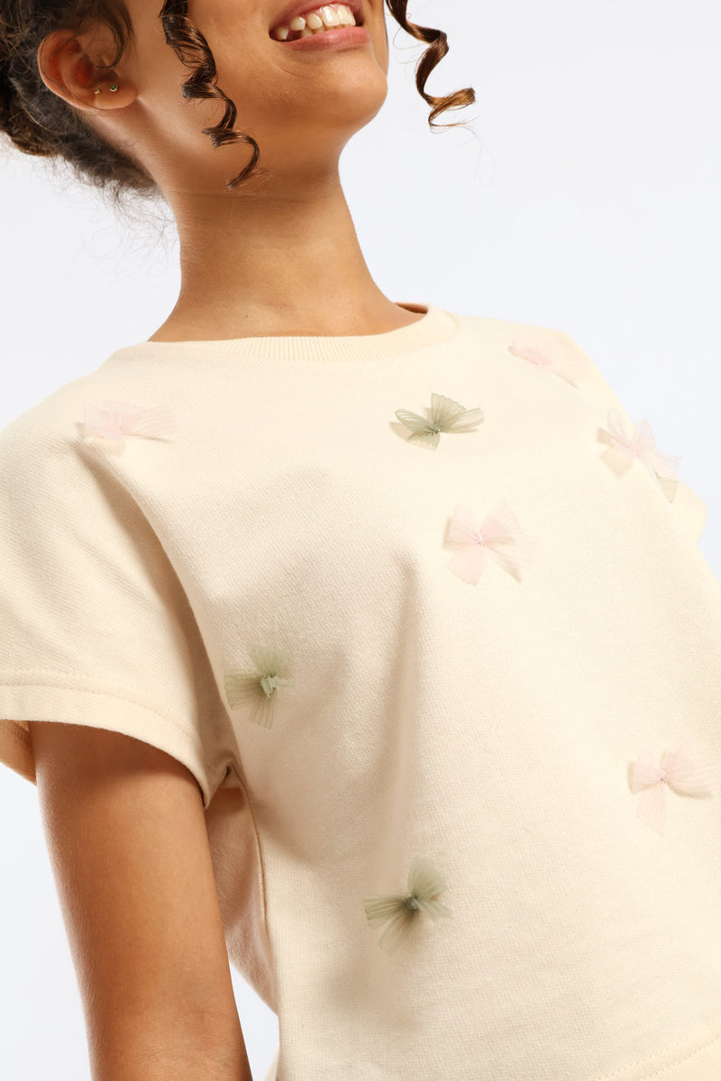 Girls Unbrushed Fleece Oversized Cropped Bow Tee - Light Yellow