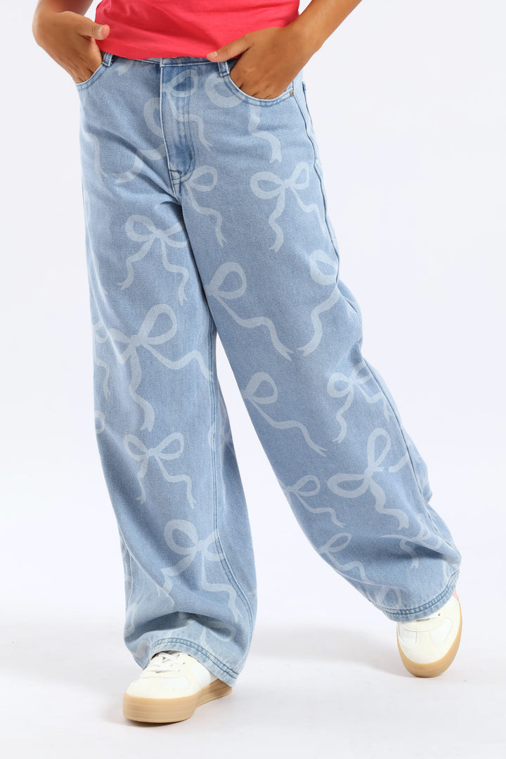 Girls Bow Rotary Baggy Jean - Mid Blue