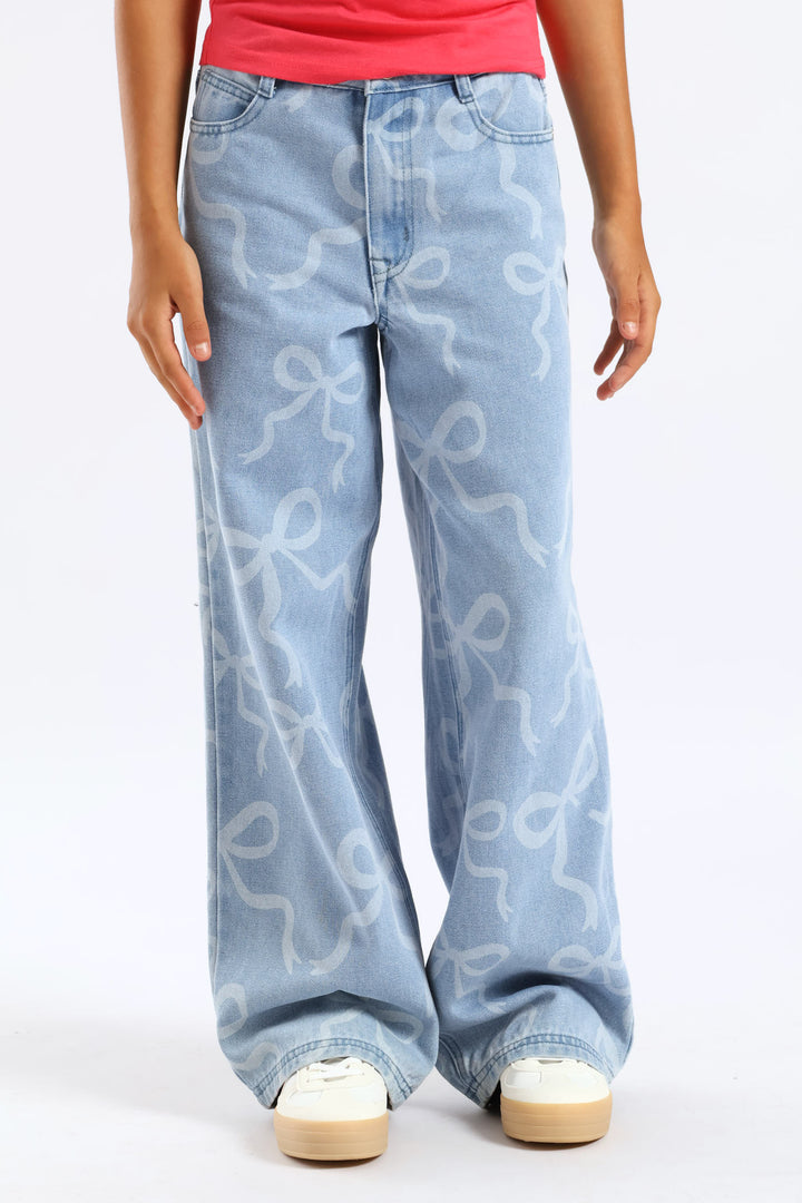 Girls Bow Rotary Baggy Jean - Mid Blue