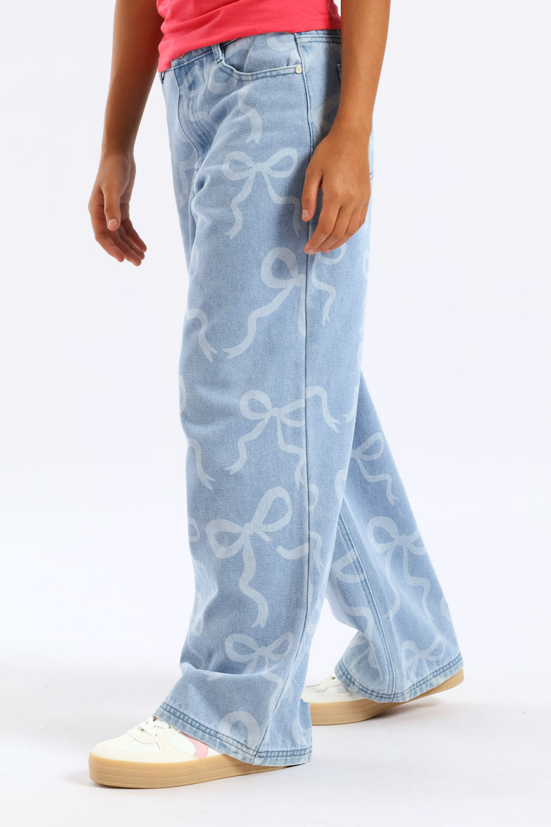 Girls Bow Rotary Baggy Jean - Mid Blue
