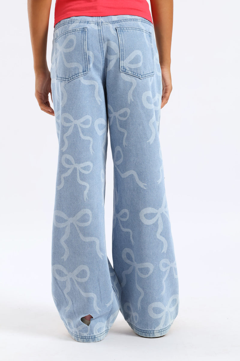 Girls Bow Rotary Baggy Jean - Mid Blue