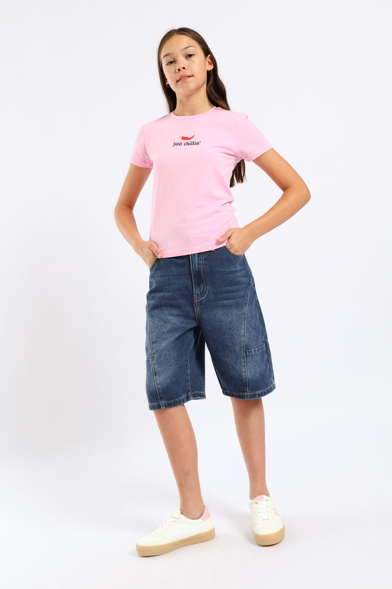 Girls Panel Detail Denim Jort - Dark Blue